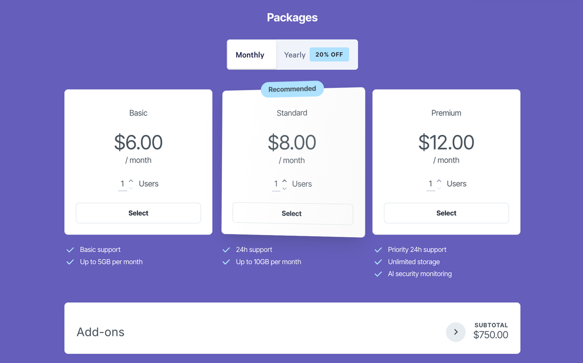 A pricing plan selection page showing Basic ($6/month), Standard (Recommended, $8/month), and Premium ($12/month) packages with features and an add-ons section.