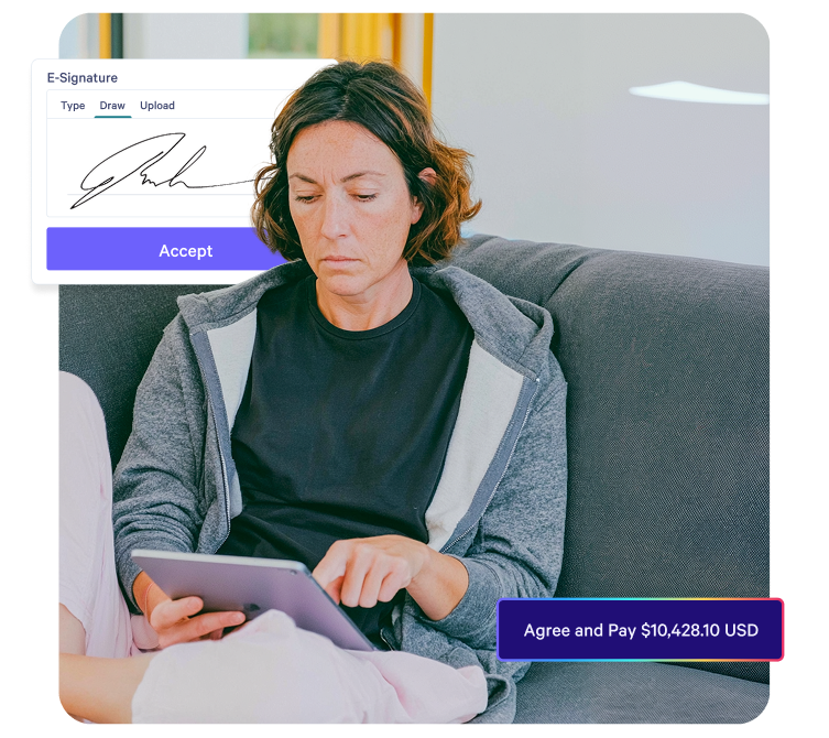 Woman using tablet to digitally sign a document and agree to pay $10,428.10.