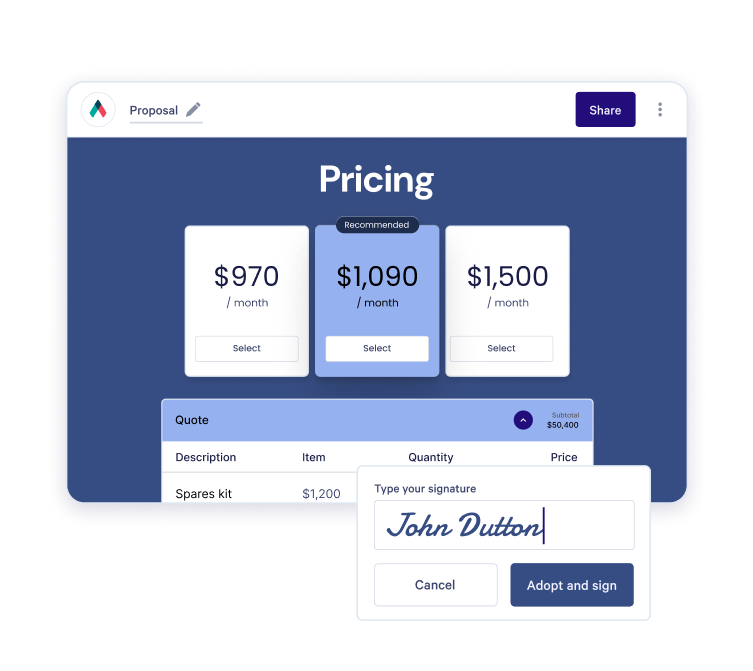 A digital proposal interface showing pricing options and a signature field with 'John Dutton' typed.