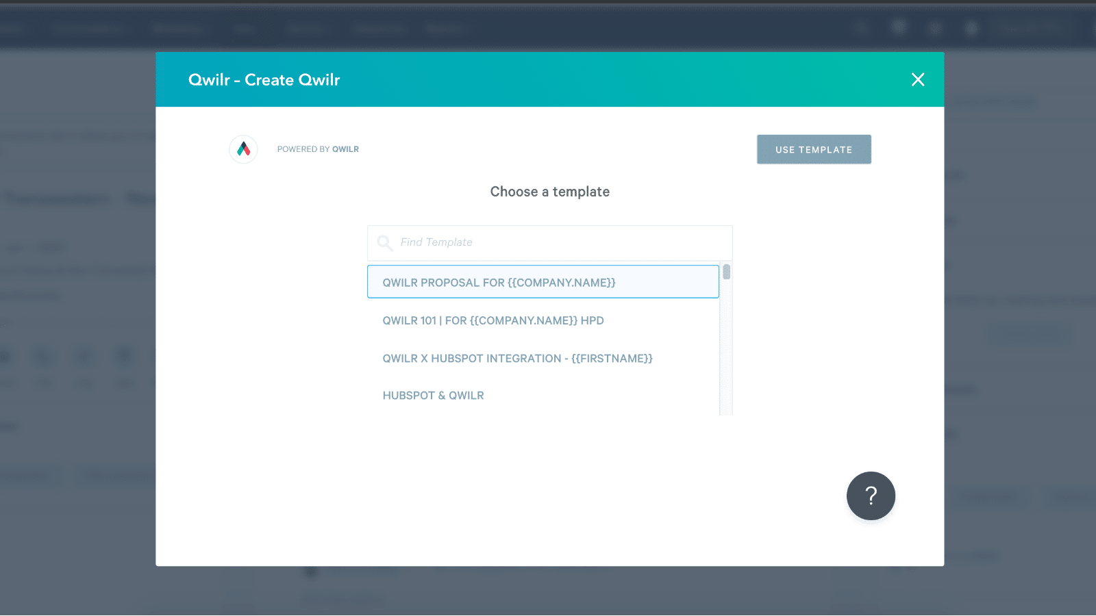 A "Create Qwilr" modal window shows a list of templates with "QWILR PROPOSAL FOR {{COMPANY NAME}}" selected and a "Use Template" button.