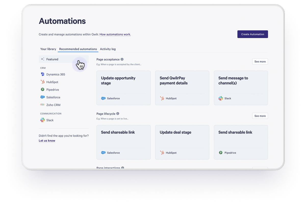 A user interface for an automations platform, displaying recommended automation templates with integrations for apps like Salesforce, HubSpot, and Slack.