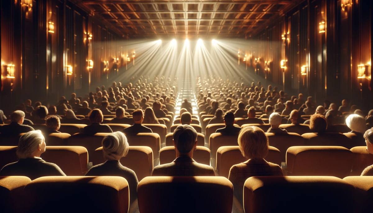 a large group of people are sitting in a theater watching a movie .