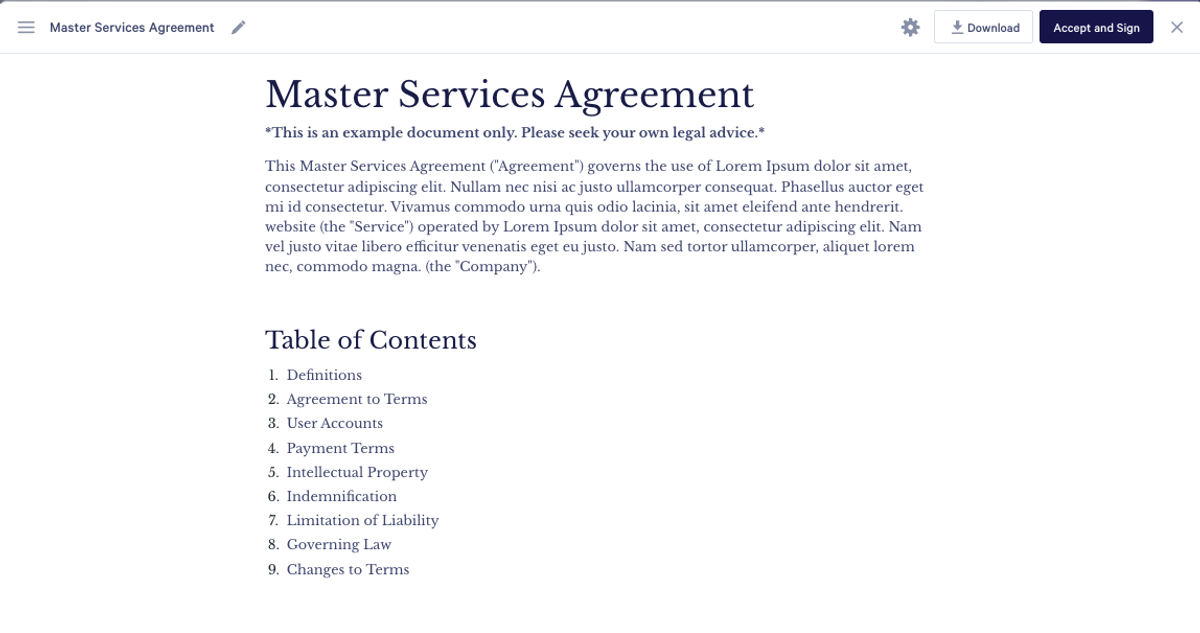 a master services agreement with a table of contents