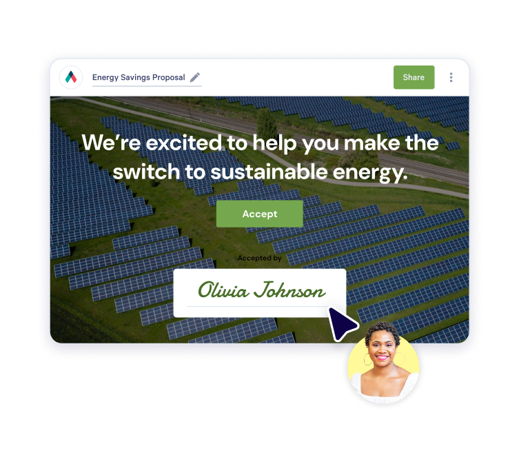 A digital "Energy Savings Proposal" on a solar panel background, showing an "Accept" button and Olivia Johnson's signature next to her smiling photo.
