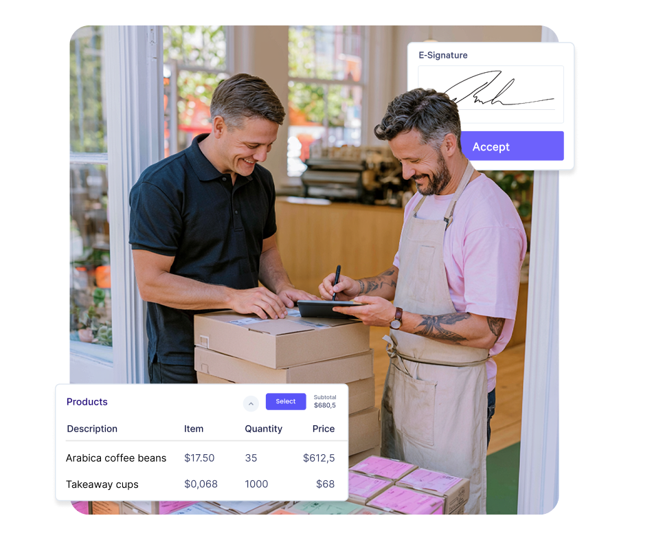 Two men process a product delivery, with one signing a digital tablet. Overlaid are an e-signature confirmation and an invoice for coffee beans and cups.