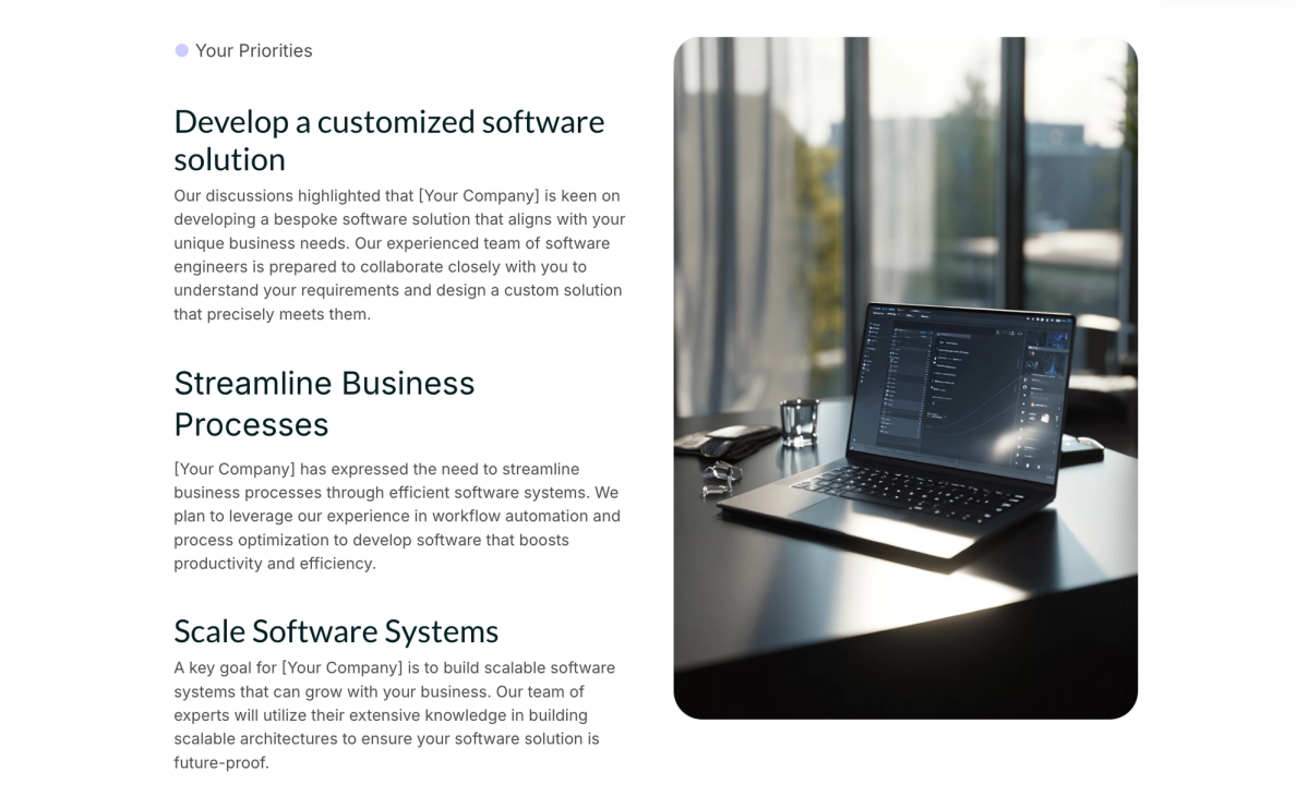 A webpage displaying software development priorities and a laptop showing a software interface.