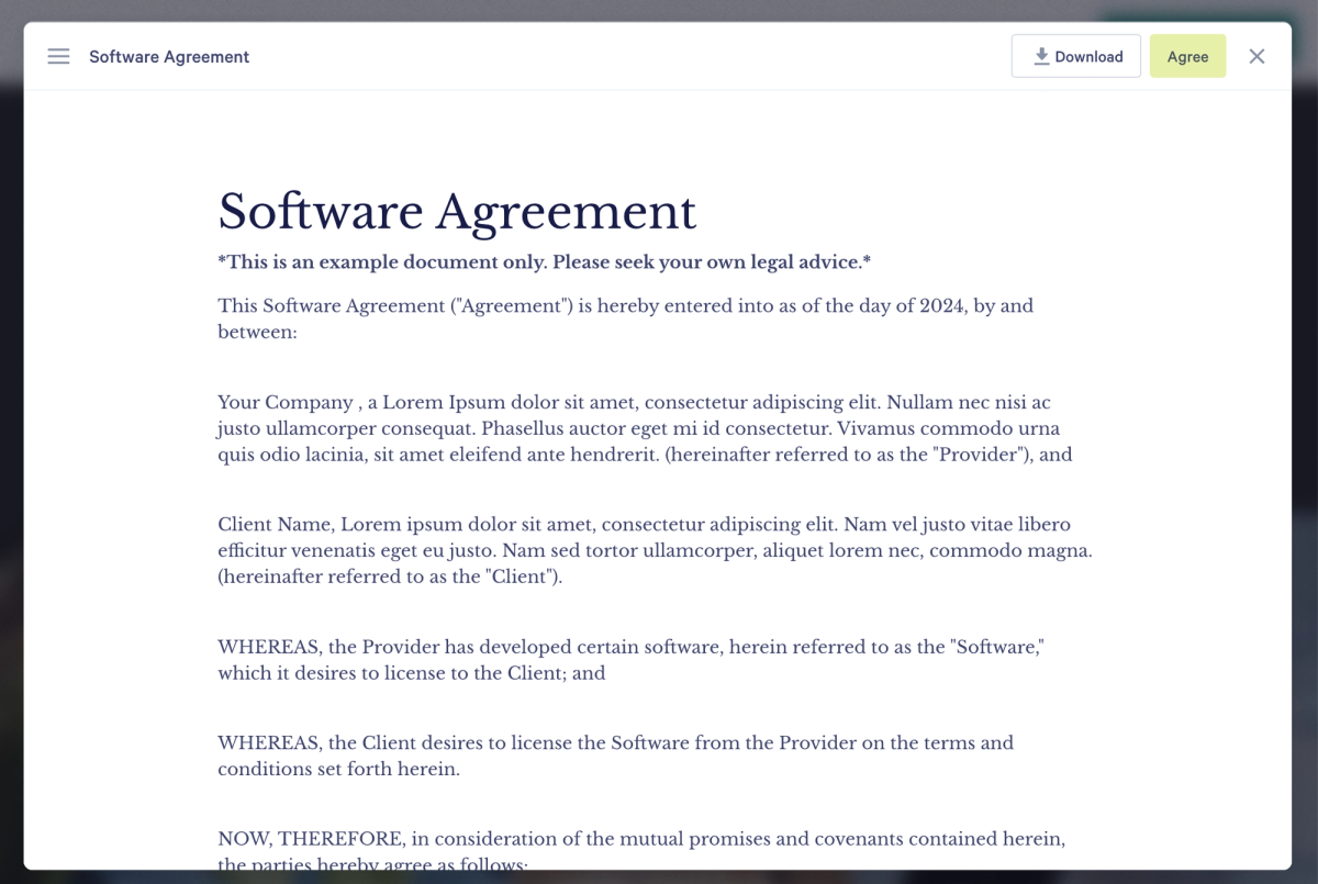 a software agreement is displayed on a computer screen