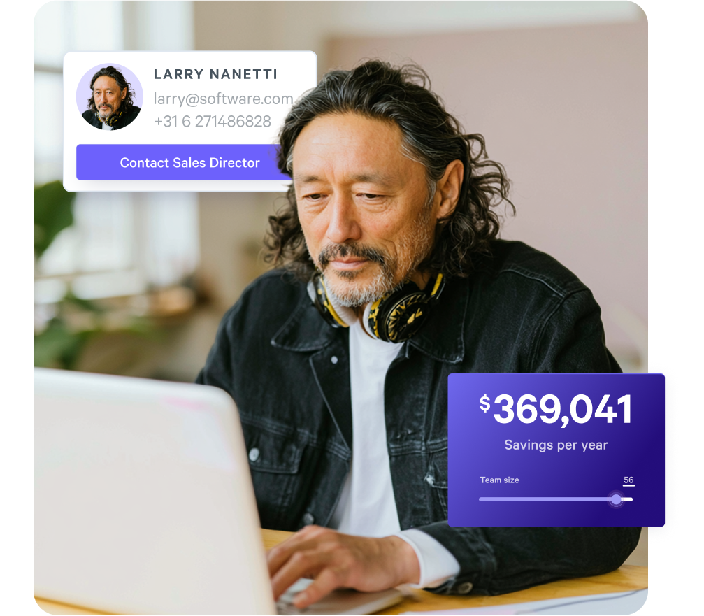 A man working on a laptop with digital overlays showing a contact card and $369,041 in annual savings.