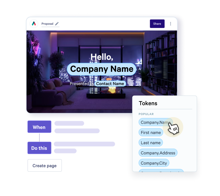 A digital proposal interface showing "Hello, Company Name" and "Presented by Contact Name," with a hand cursor selecting "Company.Name" from a "Tokens" menu for personalization.