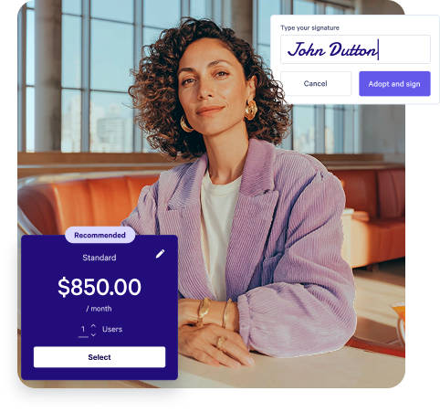 Woman in a purple jacket with UI overlays for an $850/month subscription plan and a digital signature field with 'John Dutton' typed.