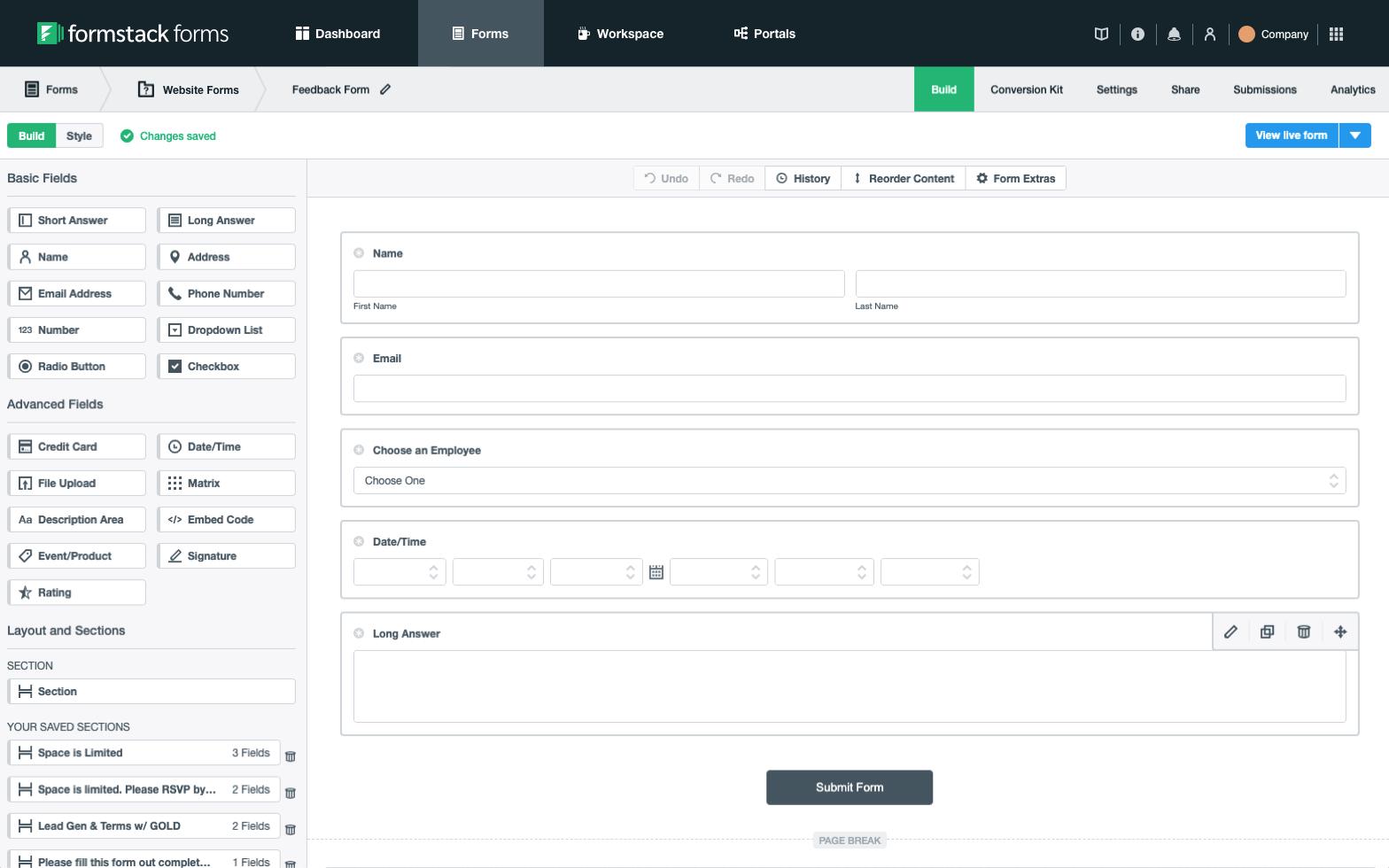 a screenshot of a form builder on a computer screen .