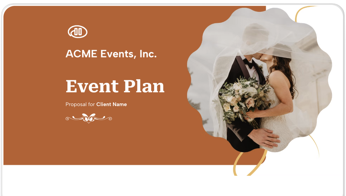 an event plan for acme events inc. with a picture of a bride and groom