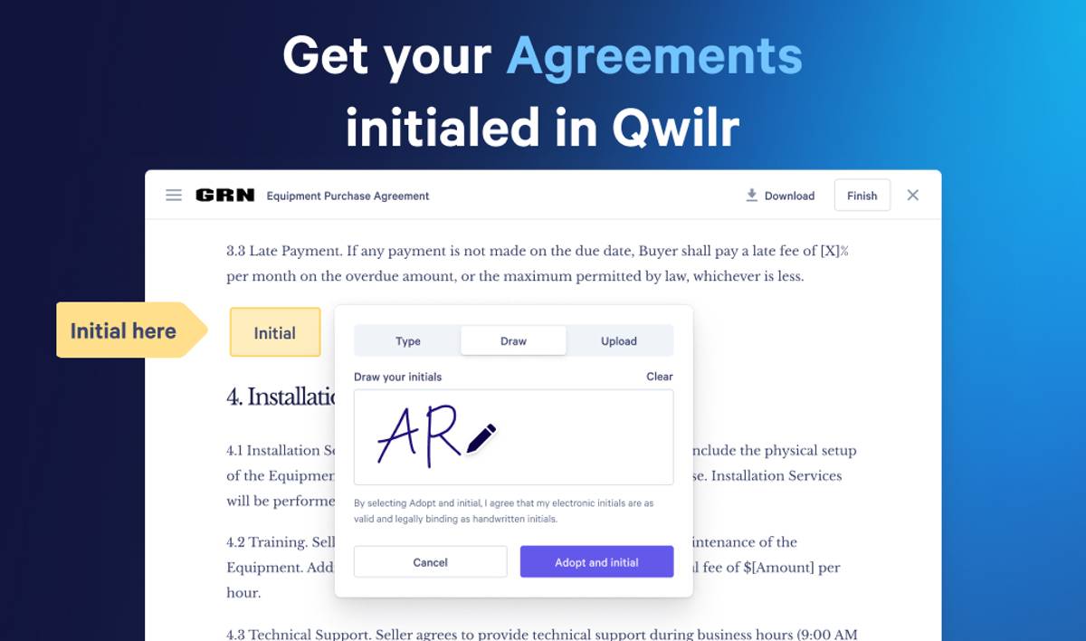 a screenshot of a app that allows you to get your agreements initialed in qwir .