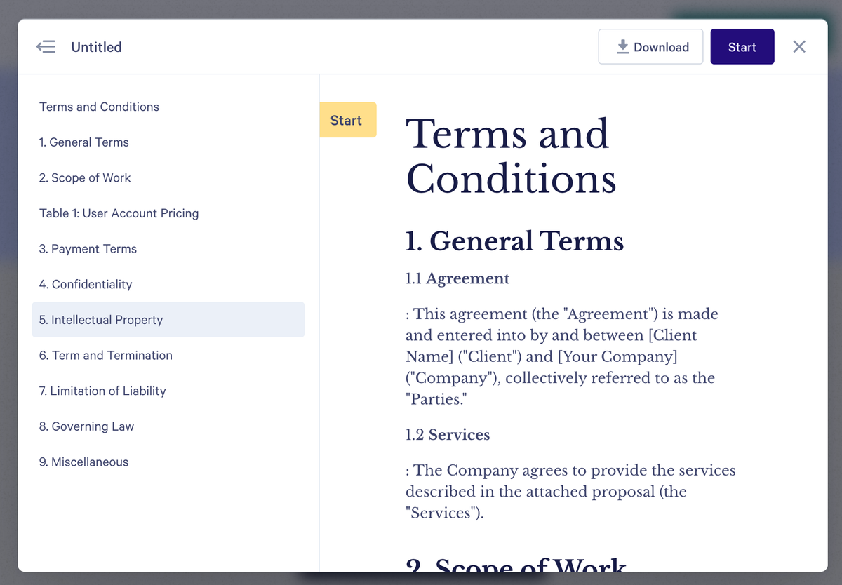 A document viewer displaying "Terms and Conditions" with "General Terms" visible and "Intellectual Property" highlighted in the sidebar.