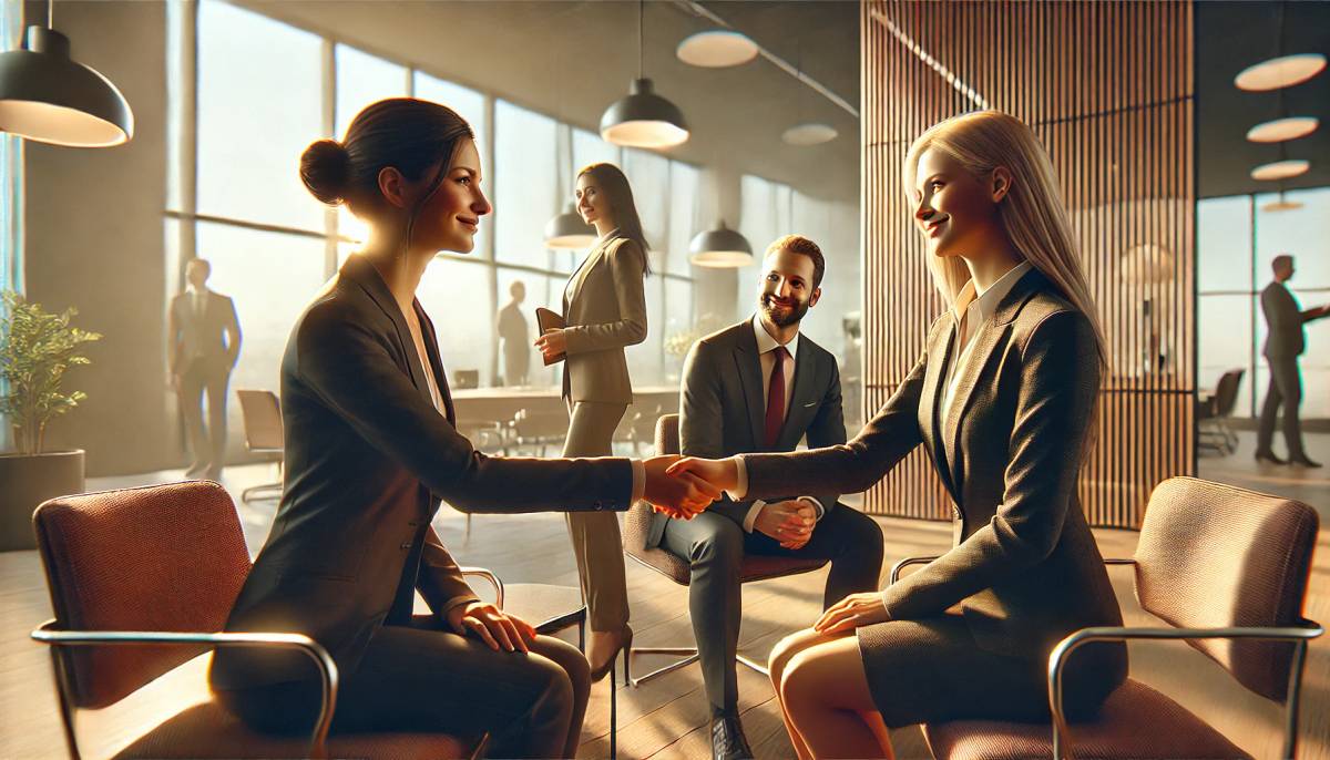 a group of business people are shaking hands in an office .