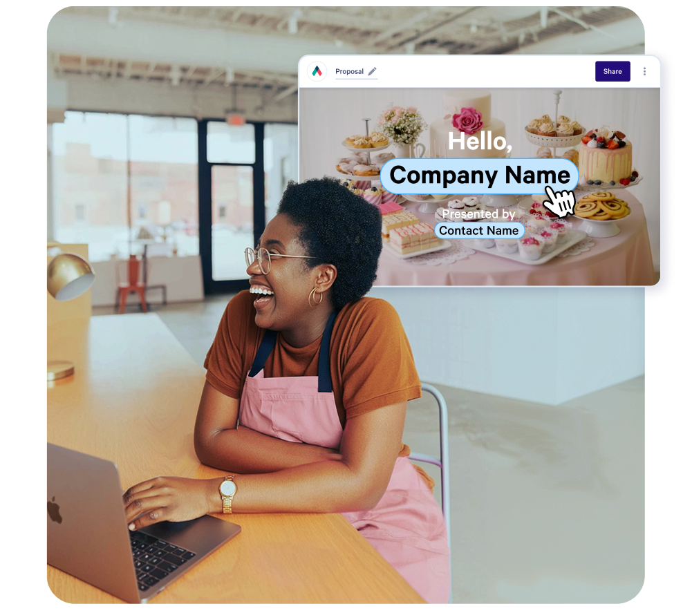 A smiling woman in an apron works on a laptop with an overlay showing a "Hello, Company Name" presentation about desserts, where a cursor highlights "Company Name."