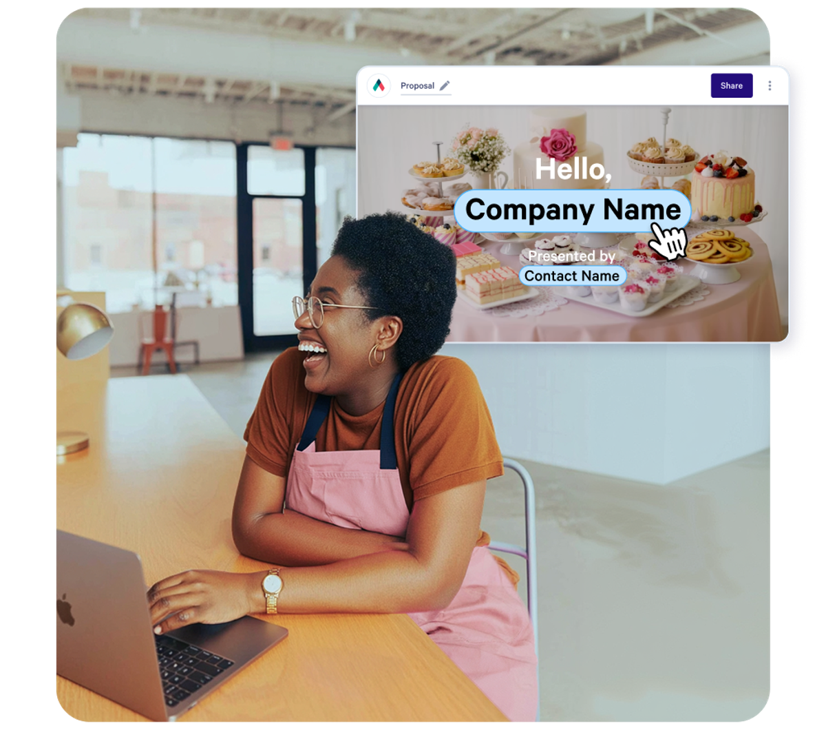A smiling woman in an apron works on a laptop with an overlay showing a "Hello, Company Name" presentation about desserts, where a cursor highlights "Company Name."