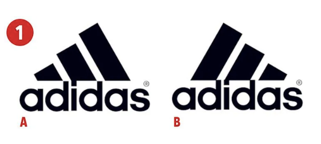 Two Adidas logos, labeled A and B, shown side-by-side for comparison.