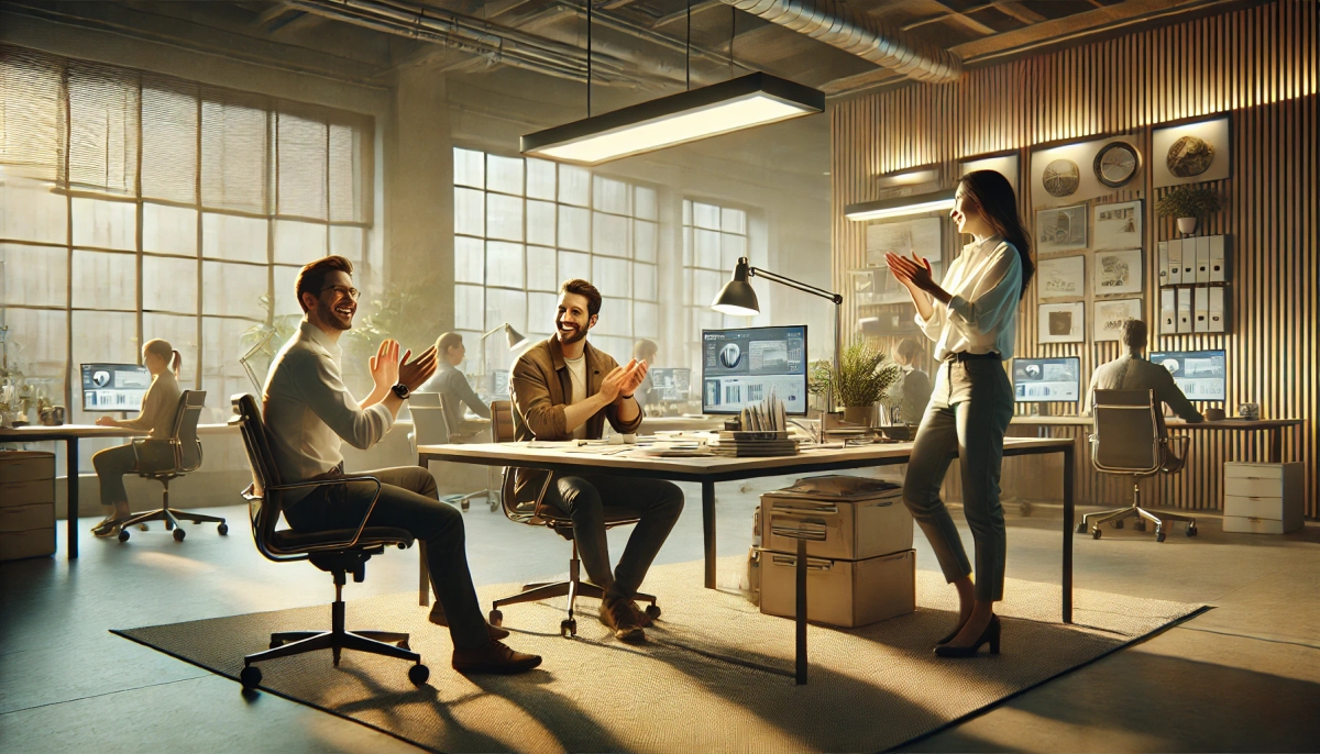 a group of people are clapping in an office .