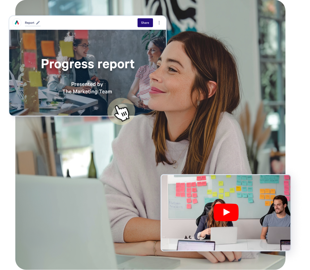 A smiling woman viewing a "Progress report" presentation and a video call, depicting online collaboration.