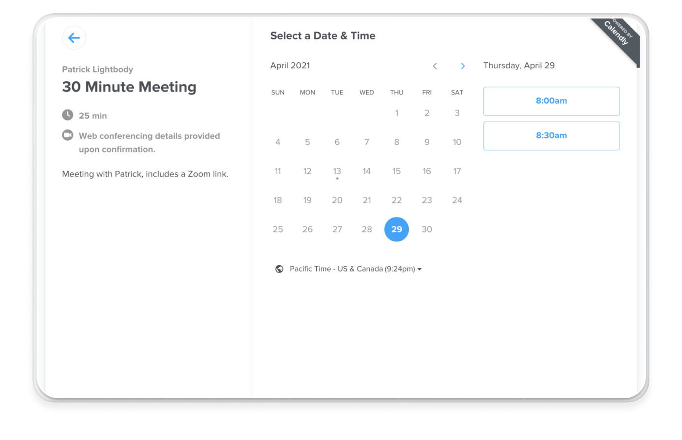 Calendly's meeting booking interface