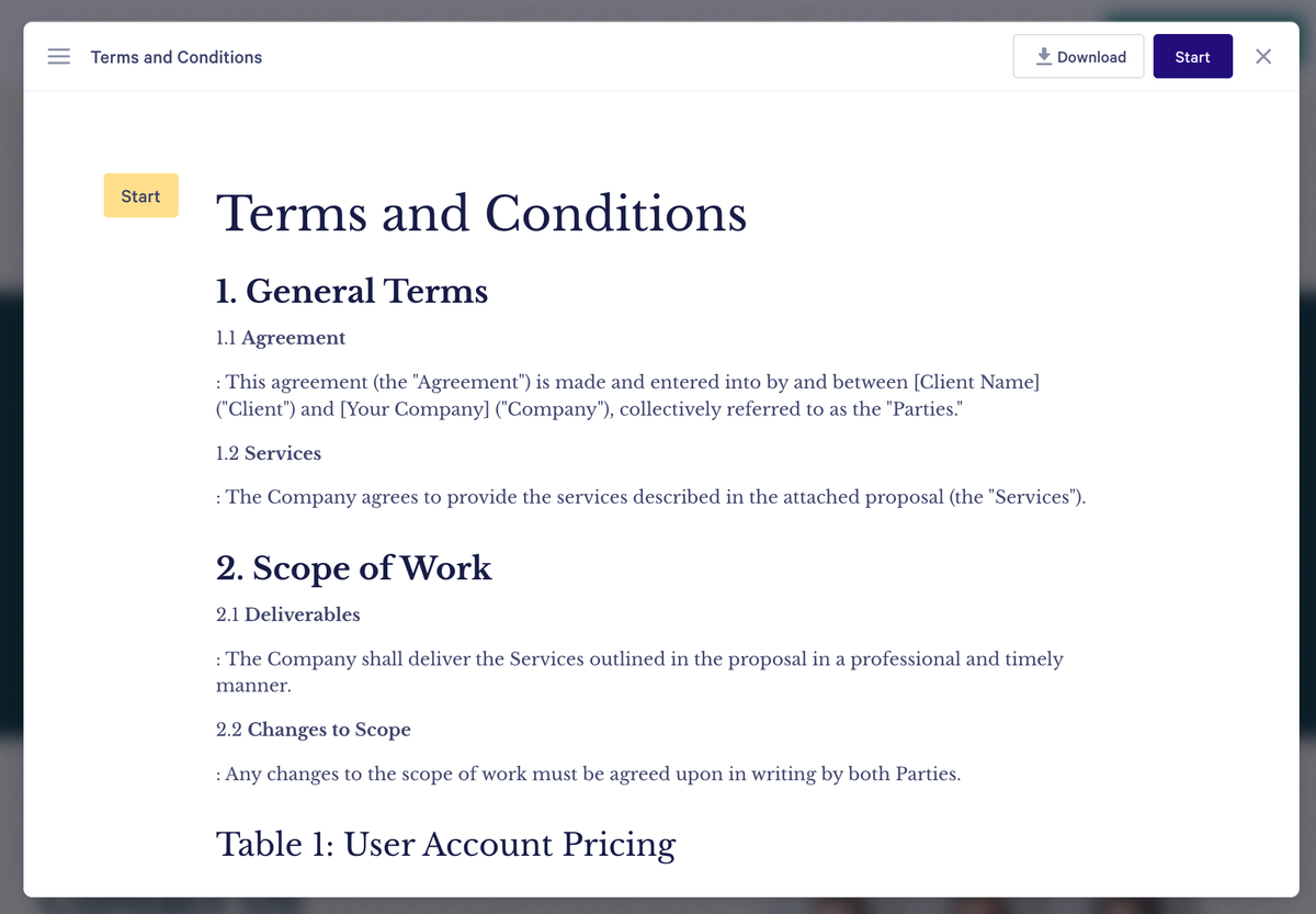 Digital document displaying "Terms and Conditions" with sections for General Terms and Scope of Work.