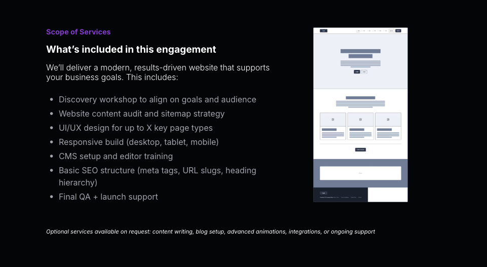 a scope of services for a website that supports business goals