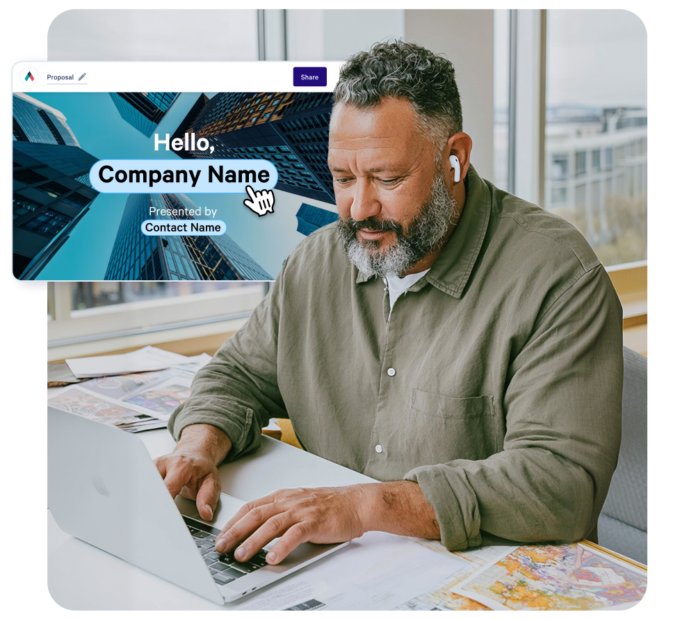 A bearded man works on a laptop, with a digital screen showing a proposal template for "Company Name" overlaid.