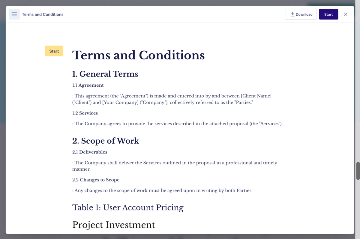 A digital "Terms and Conditions" document outlining General Terms, Scope of Work, and User Account Pricing.