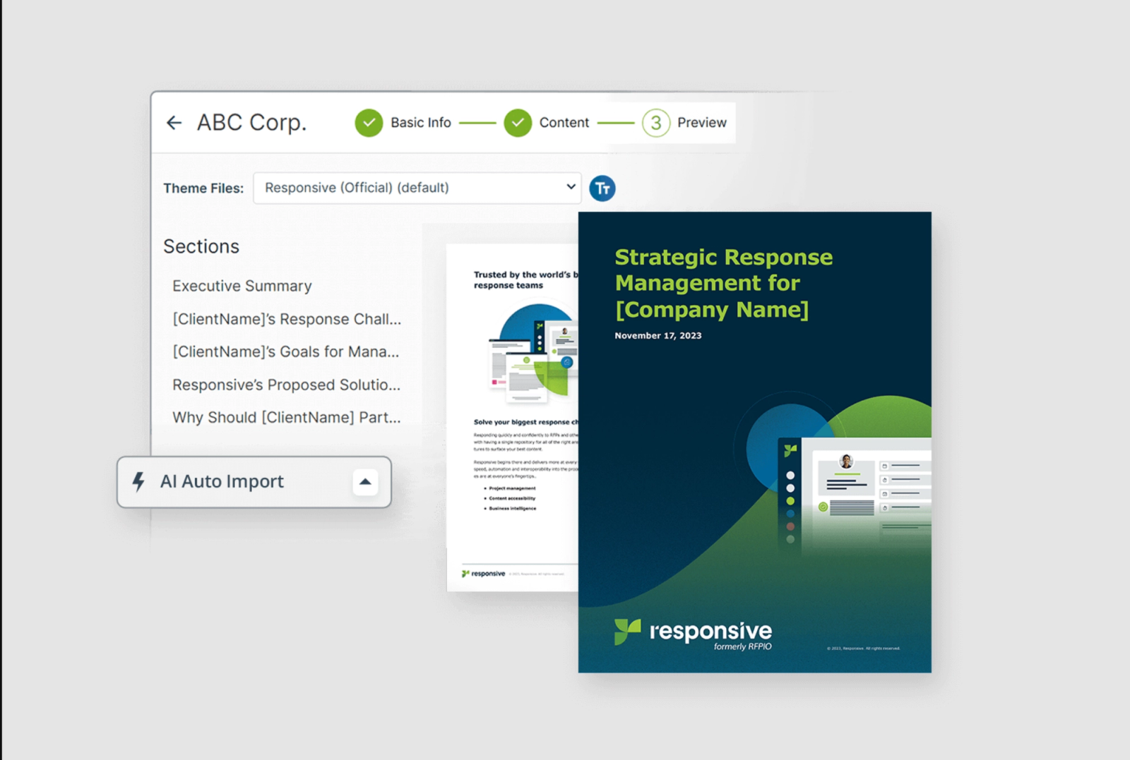 Responsive software interface displaying document sections, an "AI Auto Import" button, and a preview of a "Strategic Response Management" document.