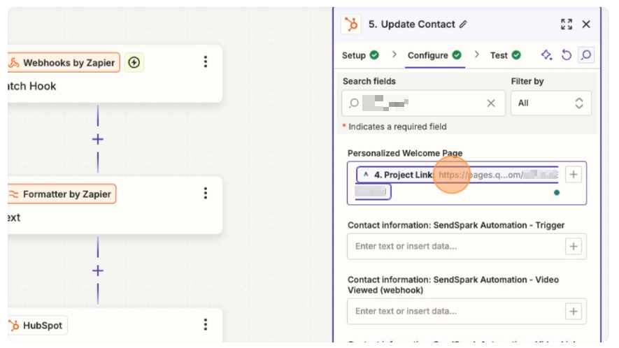 In Zapier, create a fifth step, Update CRM Record, to store the personalized Qwilr page link in your CRM.