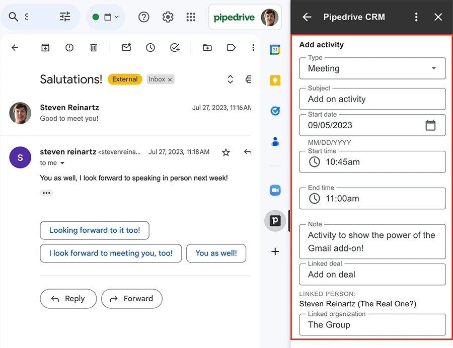 Gmail and pipedrive integration exampel