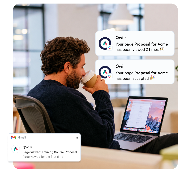 A man sips coffee while looking at a laptop, with pop-up notifications from Qwilr showing proposals have been viewed and accepted.