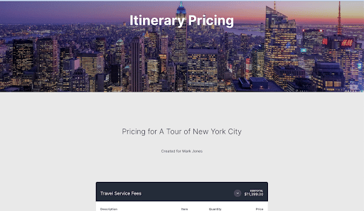 Screenshot of an itinerary pricing guide Qwilr page by Beyond Times Square