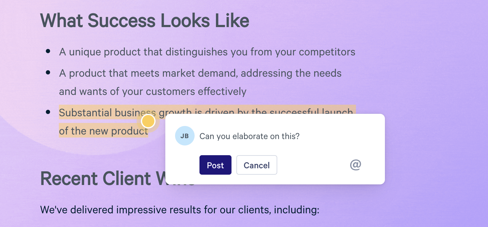 A comment box from 'JB' asking 'Can you elaborate on this?' overlaid on highlighted text in a digital document.
