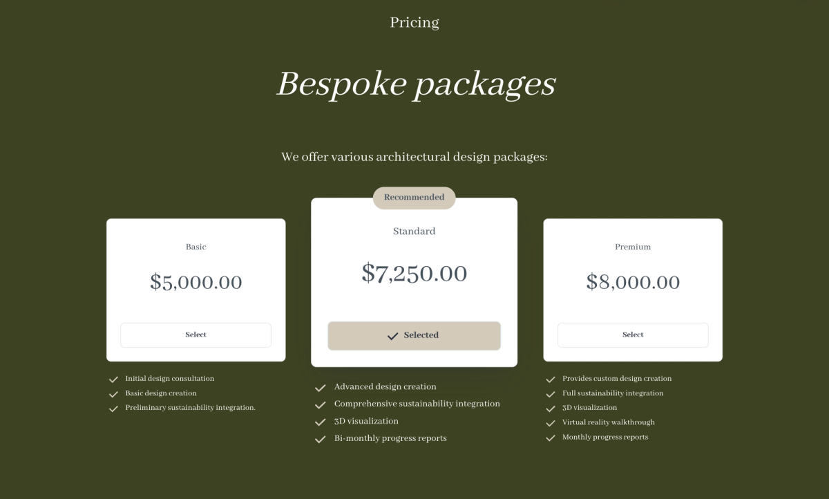 a pricing page for bespoke packages offers three different packages