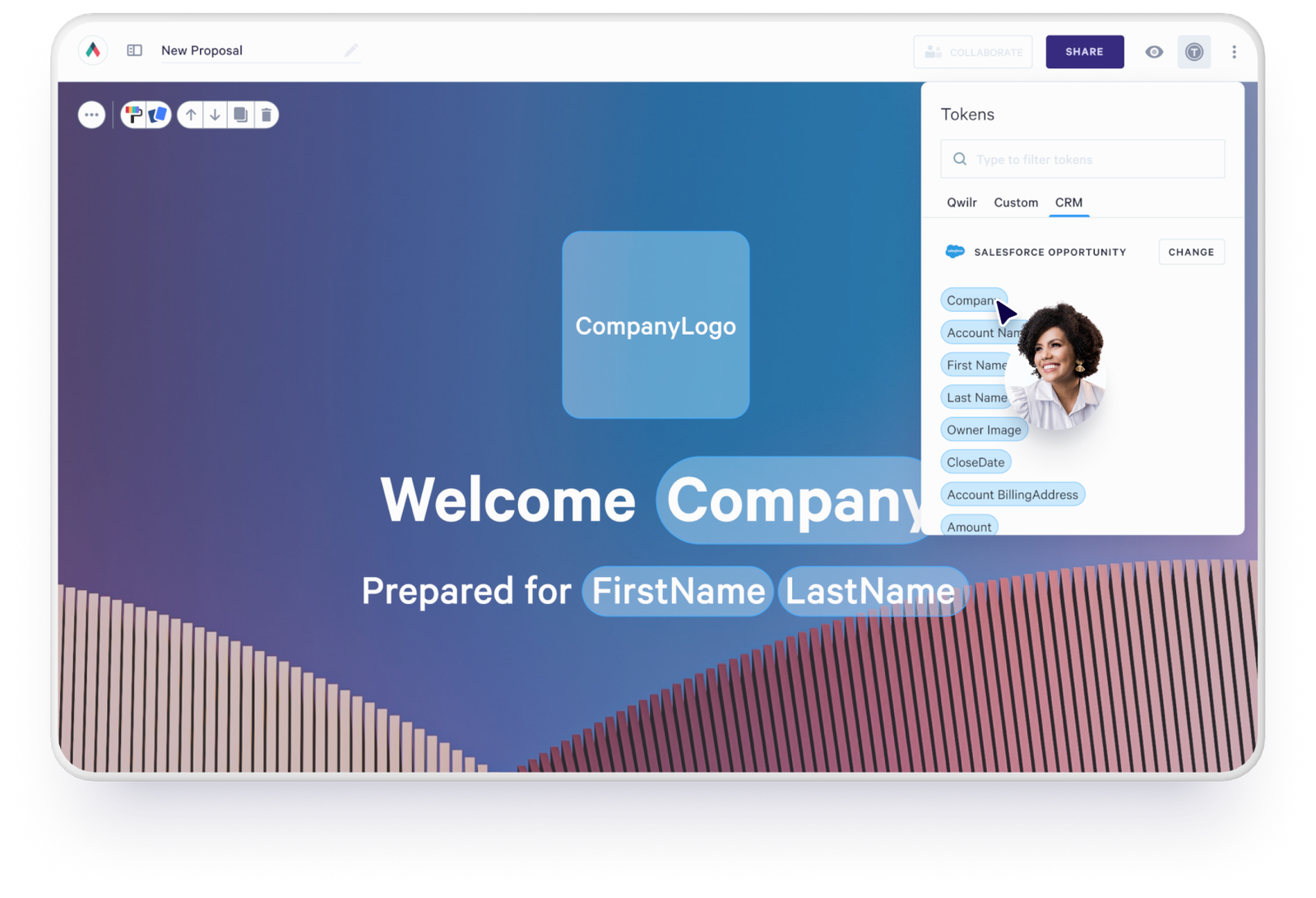 A document editor with placeholders for company and names, and a sidebar showing Salesforce data tokens, including a selected "Company" token and an owner's photo.