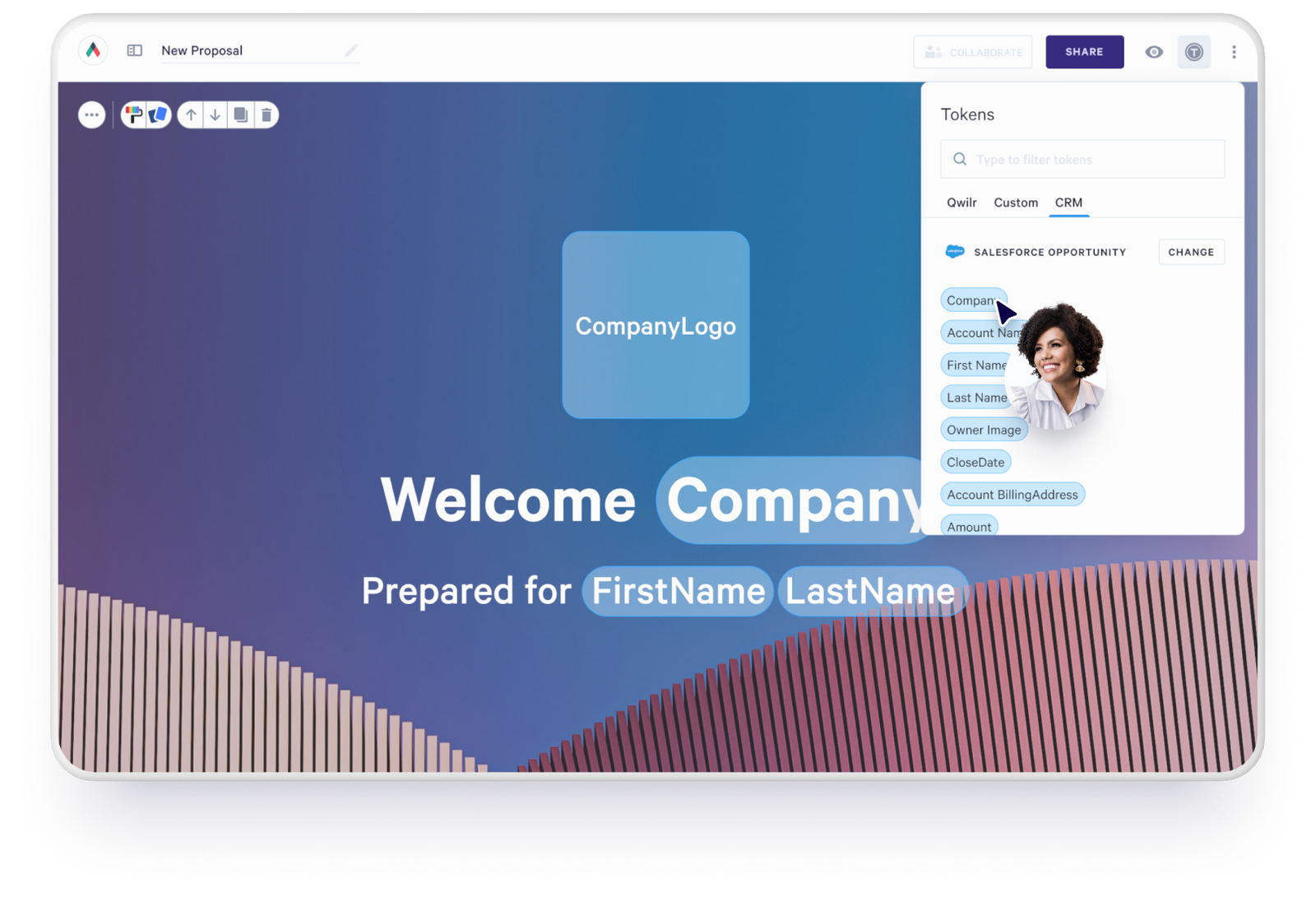 A document editor with placeholders for company and names, and a sidebar showing Salesforce data tokens, including a selected "Company" token and an owner's photo.