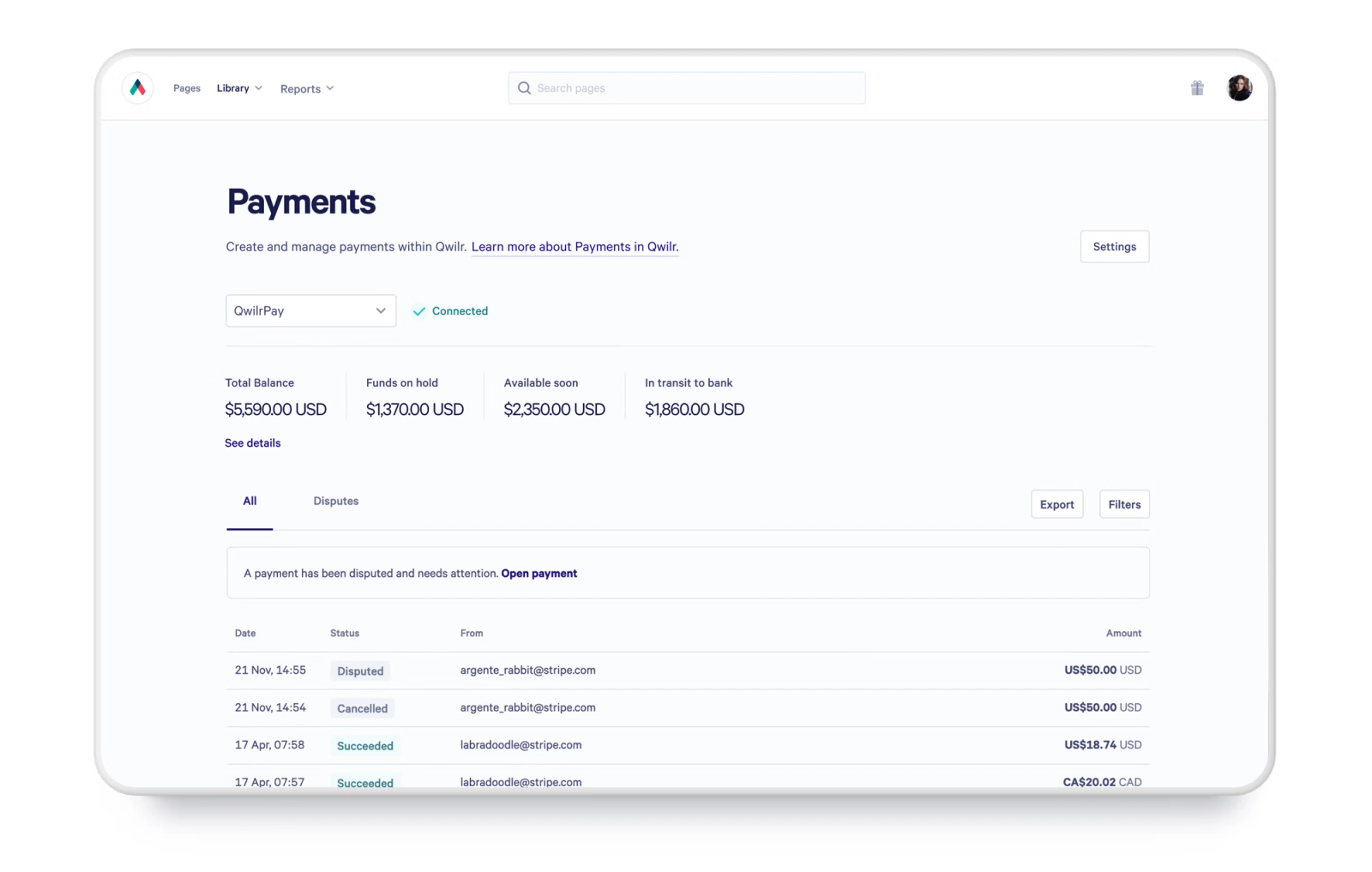 Qwilr's payment dashboard
