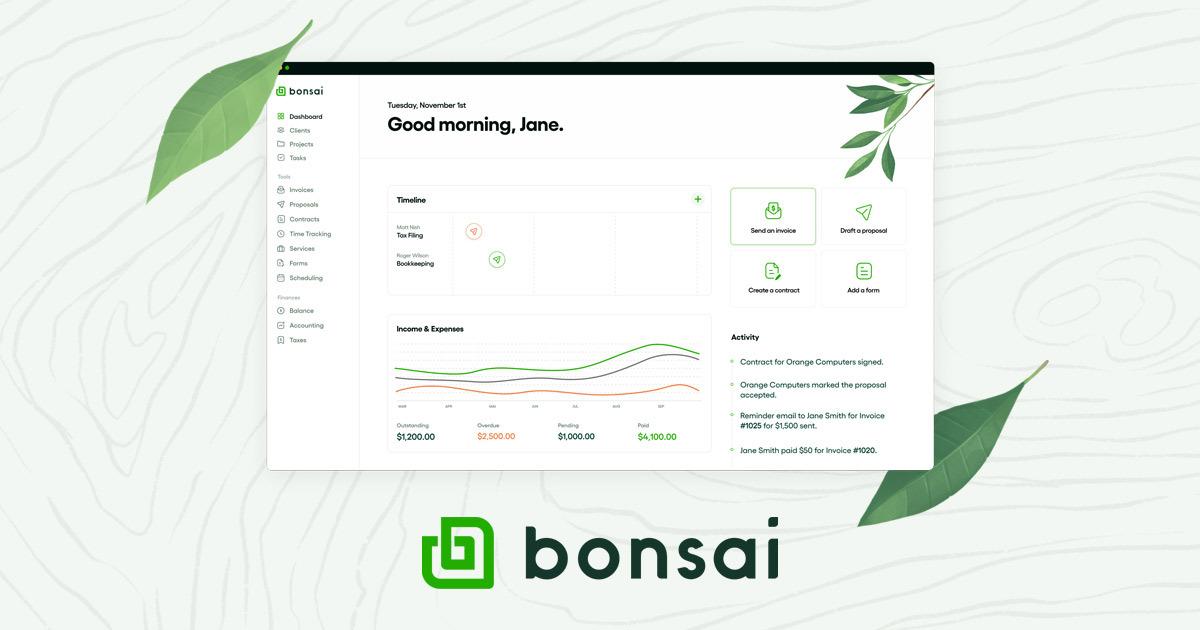 Bonsai business management software dashboard displaying financial data and quick action options, with green leaves and the Bonsai logo.
