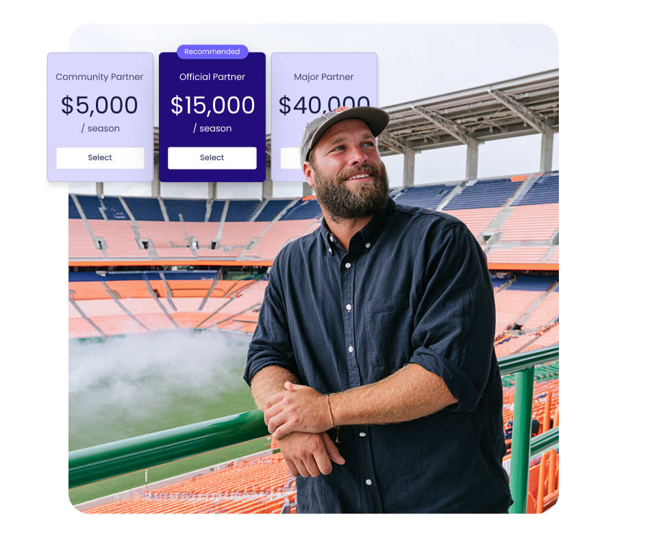 A smiling man in a stadium with an overlay showing partnership tiers, highlighting "Official Partner $15,000/season Recommended."