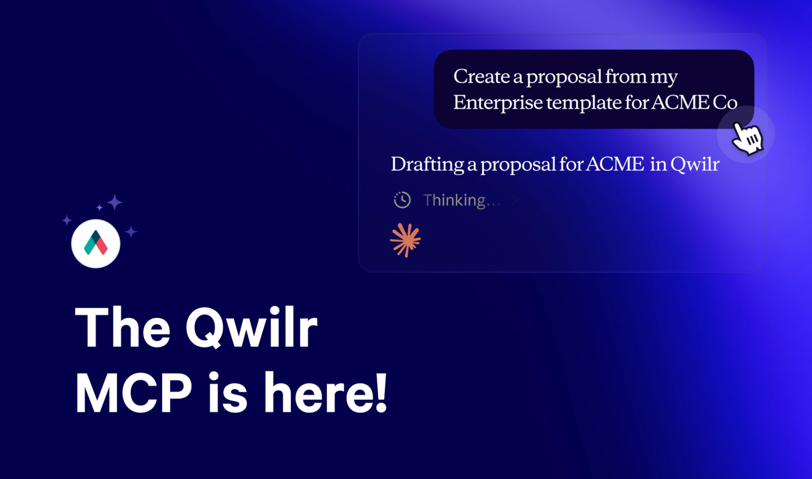 A promotional image for 'The Qwilr MCP' featuring the Qwilr logo and an AI assistant interface generating a proposal based on a template.
