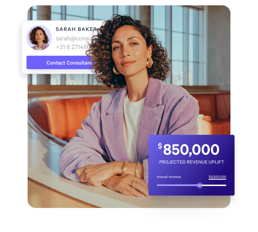 Sarah Baker, a consultant, with her contact details and a projected revenue uplift of $850,000.