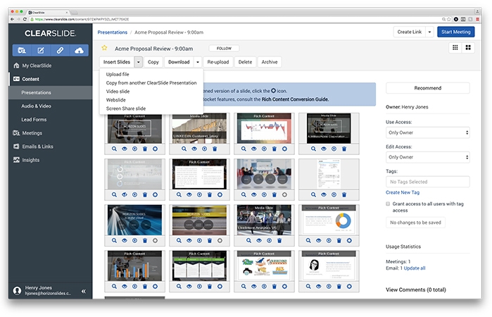 a screenshot of clearslide UI