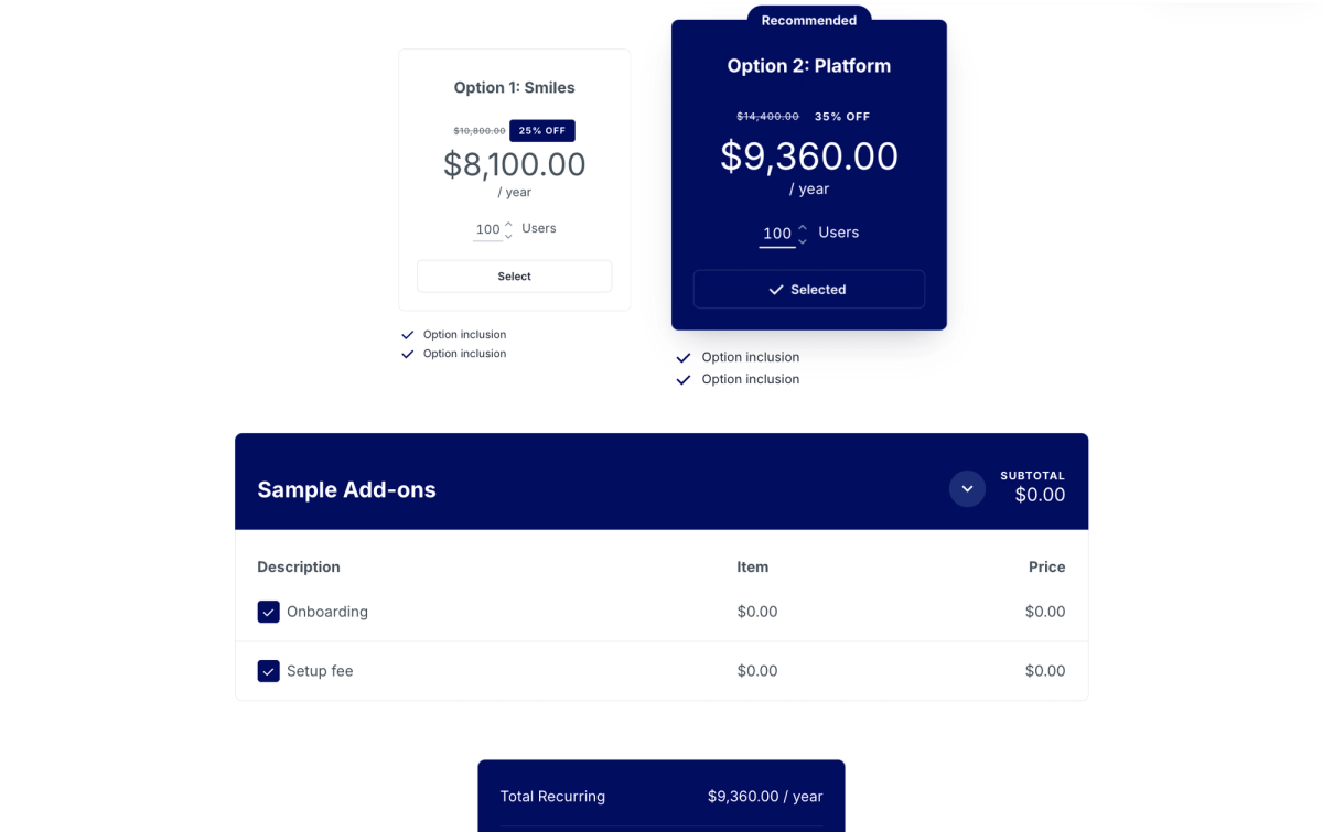 a screenshot of a website showing options 1 and 2