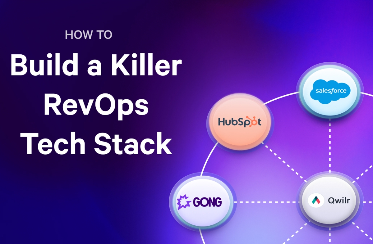 Text "How to Build a Killer RevOps Tech Stack" next to a diagram of interconnected software logos for HubSpot, Salesforce, Gong, and Qwilr.