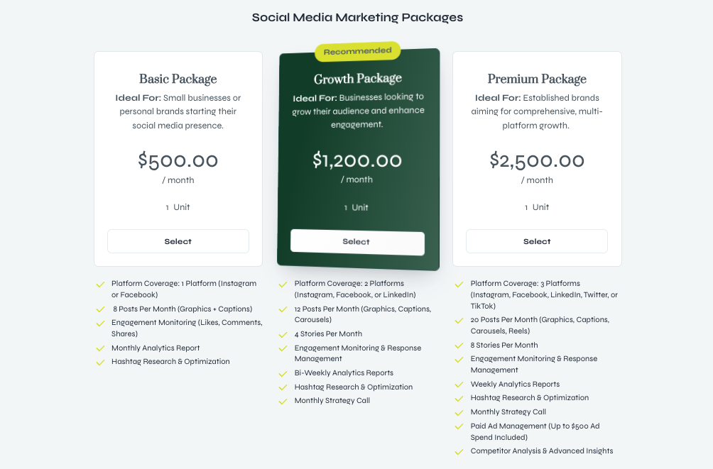 a screenshot of the social media marketing packages