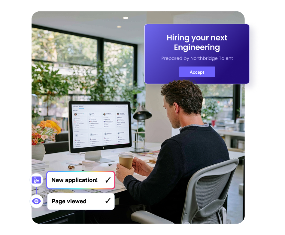 A man at a desk views a computer screen showing candidate profiles on a talent acquisition platform, with "Hiring your next Engineering" and "New application!" pop-ups.