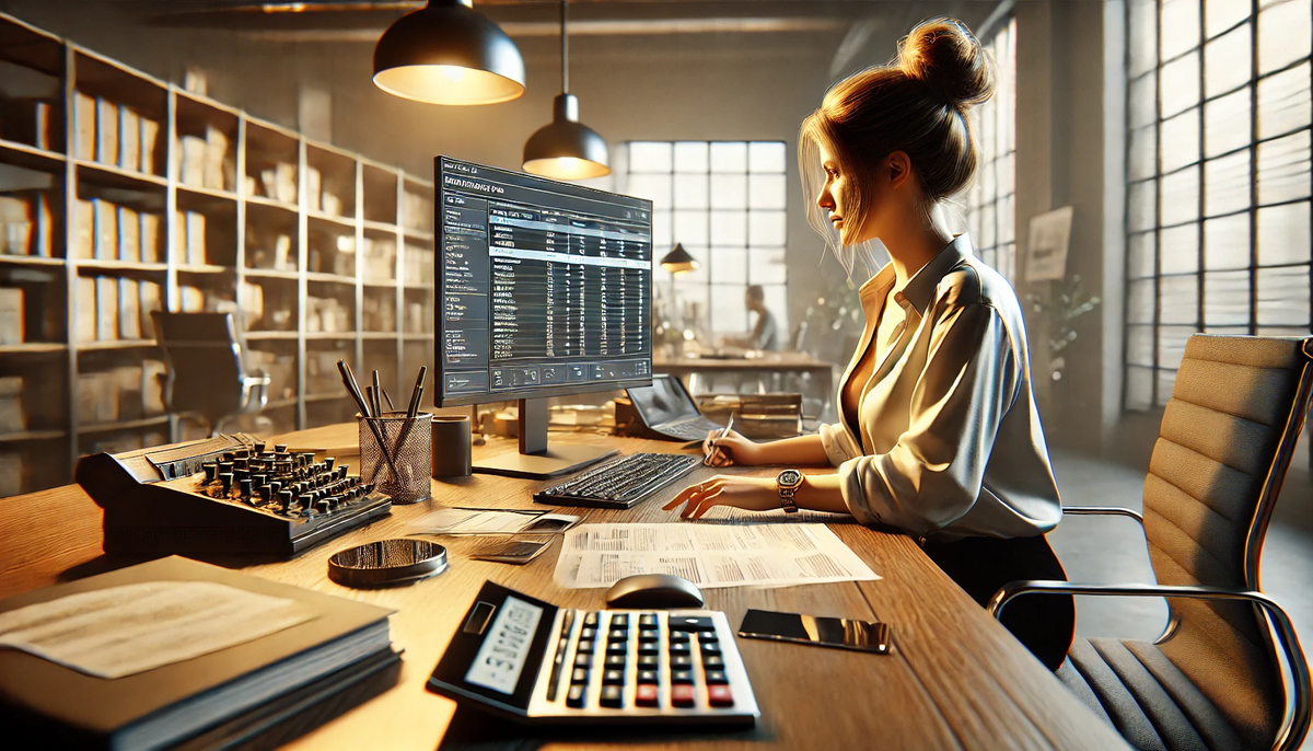 a woman sits at a desk with a computer and a calculator