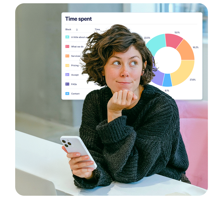 Woman holding a phone, looking at a "Time spent" data visualization with a doughnut chart and a list.